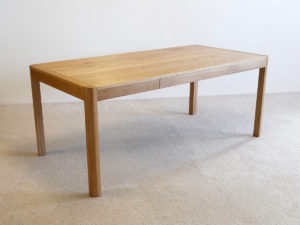 Irvine Desk in solid American White Oak. 1800 x 900 x 740mm. Finger jointed, leather lined drawer.