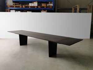 Morey Dining Table in Ebonised curly Jarrah. 3300(4000) x 1000 x 740mm