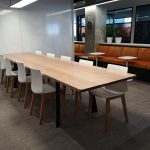 DWER Joondalup, Western Australia. In collaboration with MKDC. Solid Tasmanian Oak and Ebonised Jarrah, Informal office meeting table. 3400 x 900 x 740mm