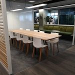 DWER Joondalup, Western Australia. In collaboration with MKDC. Solid Tasmanian Oak and Ebonised Jarrah, Informal office meeting table. 3400 x 900 x 740mm