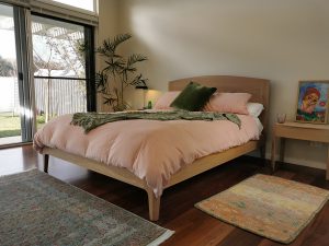 The Quindalup bed is made to order in King, Queen or single. With or without a head board. Solid American Oak with a natural oil finish and available with solid Oak or pine slats.