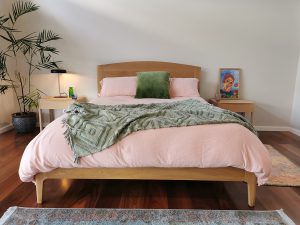 The Quindalup bed is made to order in King, Queen or single. With or without a head board. Solid American Oak with a natural oil finish and available with solid Oak or pine slats.