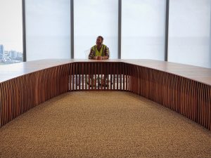 Custom Boardroom Table L9200 x W5000 in Australian Blackwood with integrated power and data. Compliant with strict human factors guidelines. Location- One The Esplanade, Elizabeth Quay, Perth Western Australia
