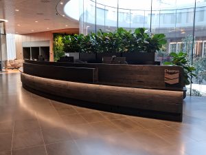 Reception Counter Facade- Crafted from Jarrah Beams, salvaged from the historic Bunbury Jetty. Bandsaw finish, scorched, ebonised and Waxed L12500mm